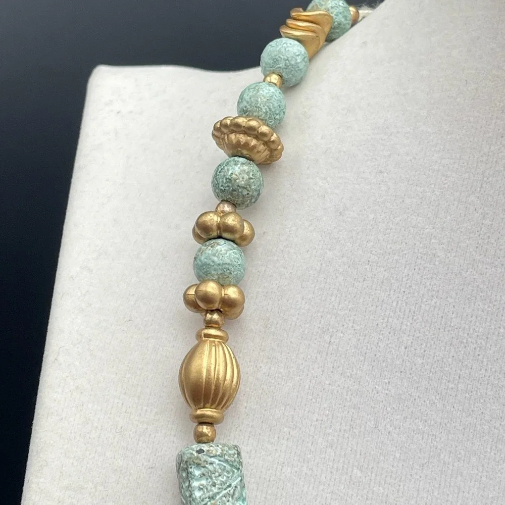 Vintage Turquoise Blue Textured Bead & Gold‎ Tone Necklace Boho Statement